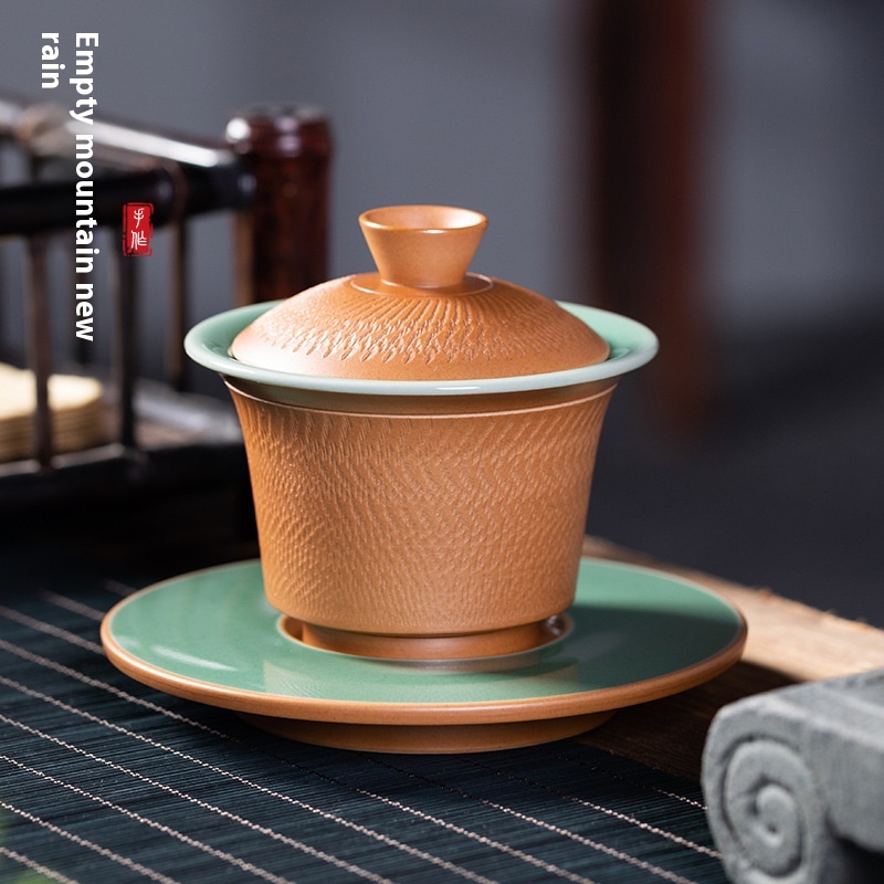 Empty Mountain Rain Longquan Celadon Handmade Jumping Knife Covered Bowl Single Ceramic Large Chinese Tea Bowl Sancai Tea Bowl