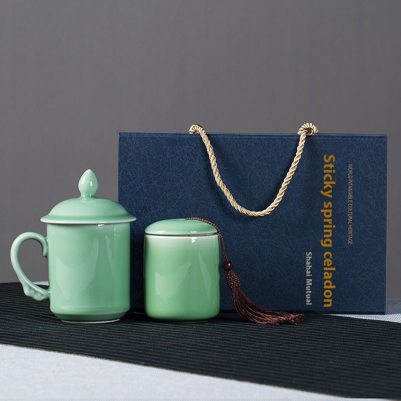 Empty Mountain Rain Longquan Celadon Office Tea Cup Tea Can Two-piece Gift Box Ceramic Gift Cup Business Set