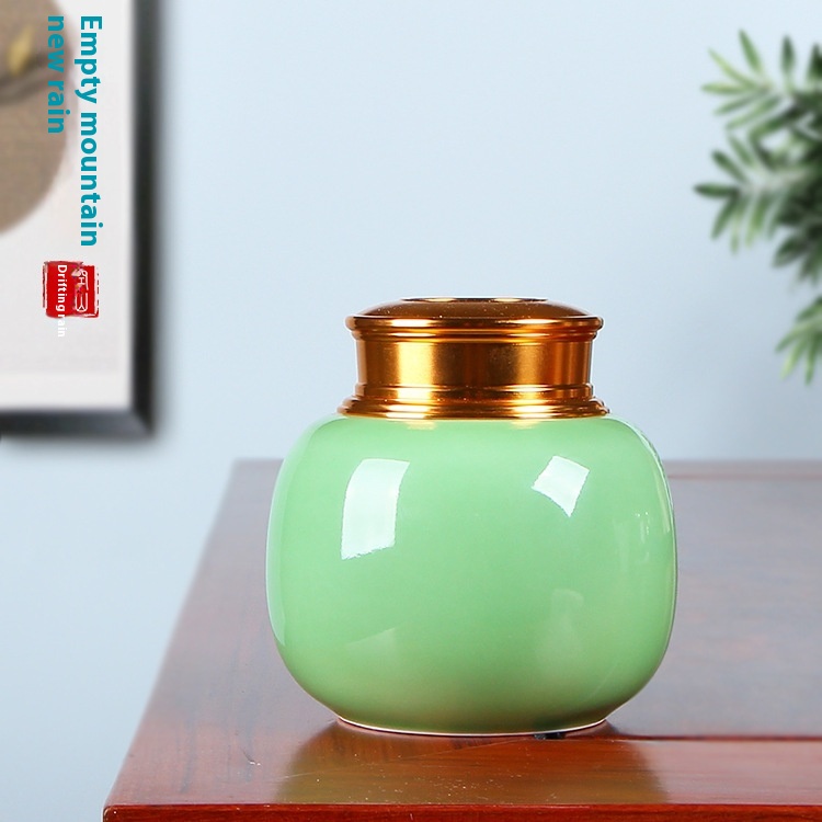 Empty Mountain Rain Creative Longquan Celadon Metal Cover Sealed Tea Can Ceramic Tea Storage Can Tea Packaging Can