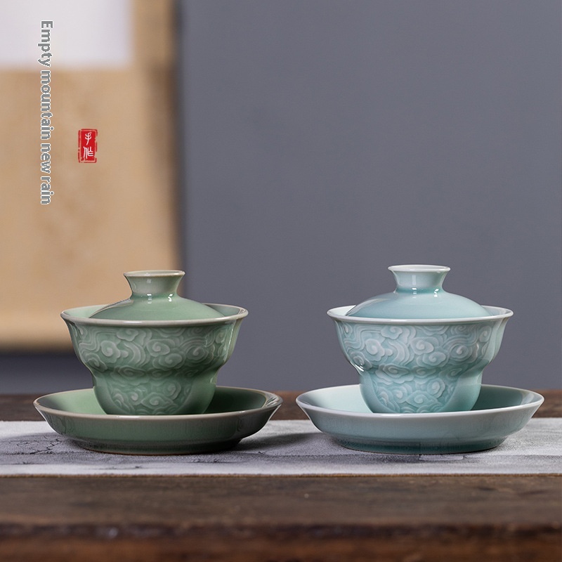 Empty Mountain Rain Longquan Celadon Sancai Covered Bowl Large Capacity Tea Brewing Tea Bowl Ceramic Handmade Kung Fu Hand-Grabbed Bowl