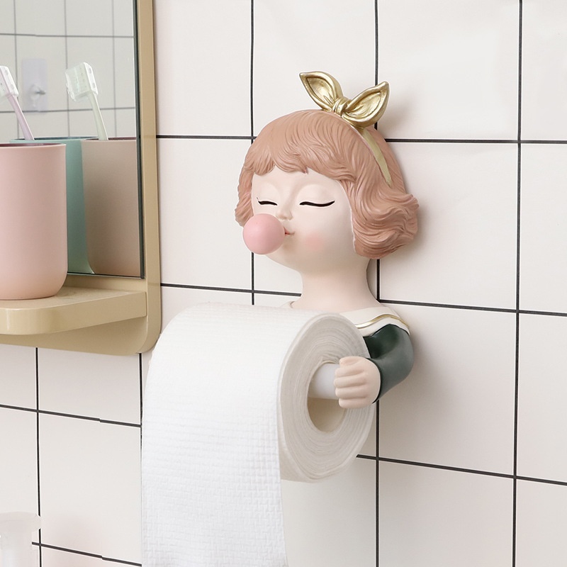 Home Bathroom Cartoon Bubble Girl Nail-free Paper Roll Toilet Creative Paper Towel Storage Box Toilet Paper Roll Holder