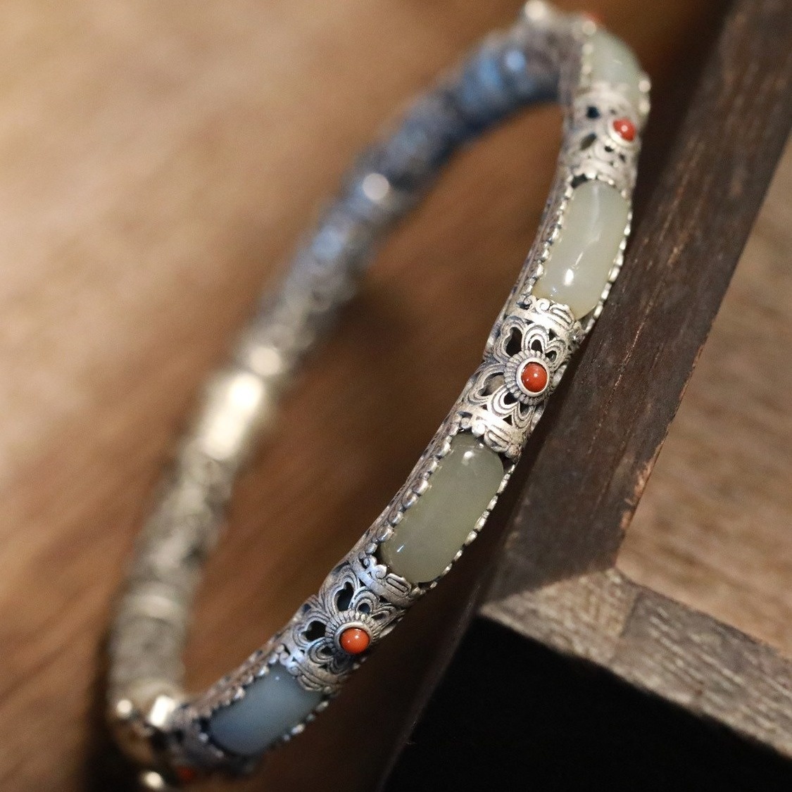 S925 Silver Smoky Purple Princess Bangle With Hollowed Bamboo And Flower Design,Featuring Hetian Jade