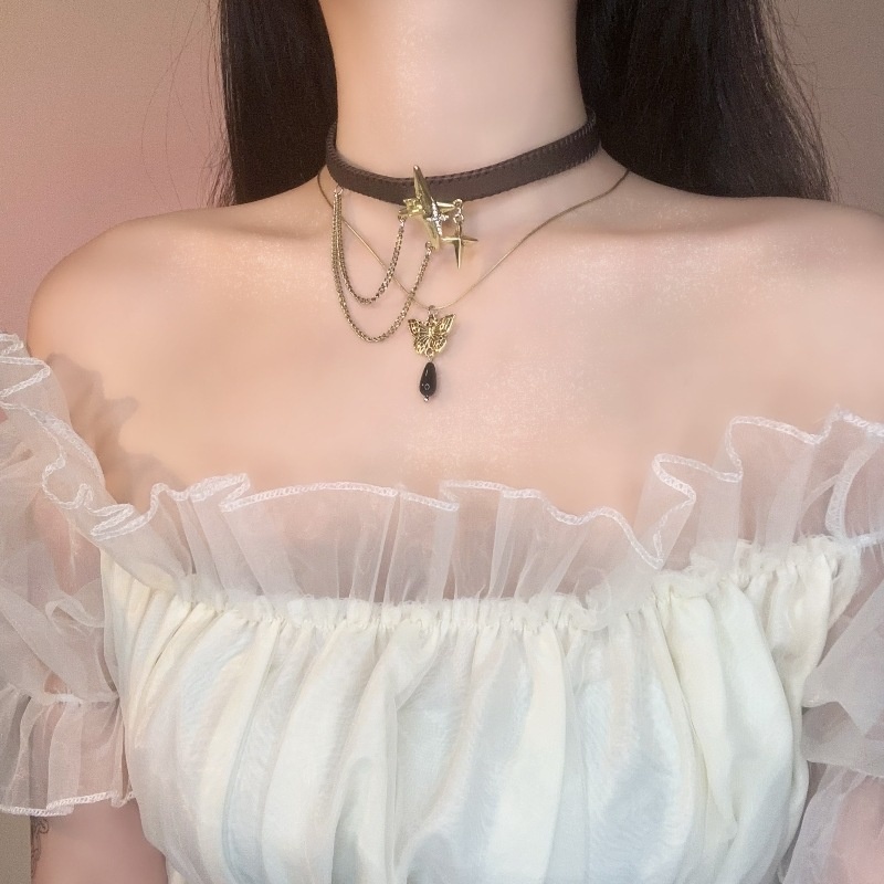 Metal Four-pointed Star Inlaid With Diamond Butterfly Tassel Double-layer Clavicle Necklace For Women Niche Fashion Sweet Temperament Versatile Necklace