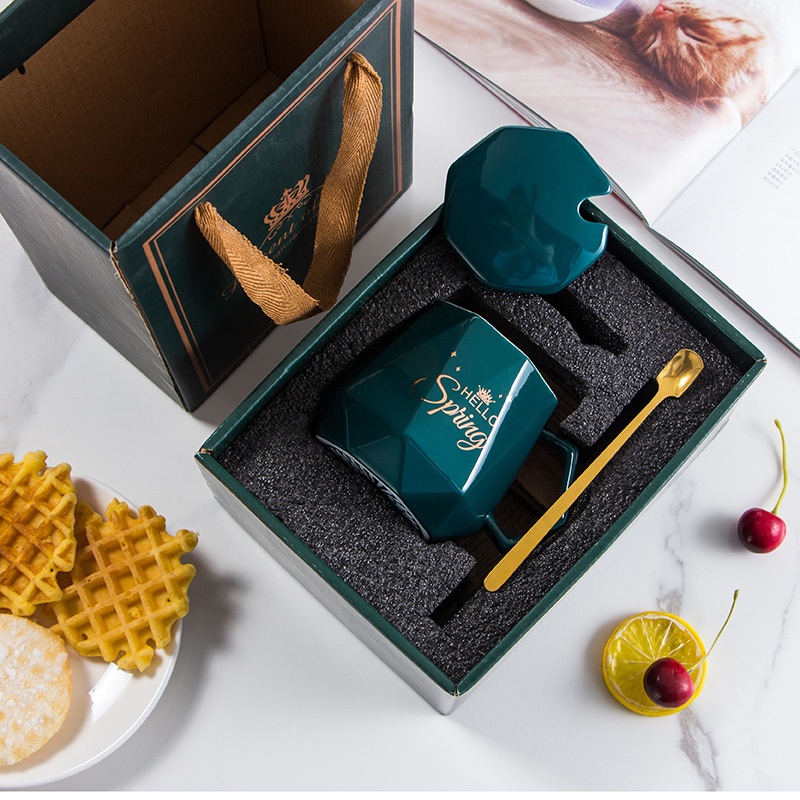 Ceramic Diamond Cup Thermostatic Cup Set Gift Box Water Cup With Cover Spoon Mug Jewelry Real Estate Creative Gift Cup