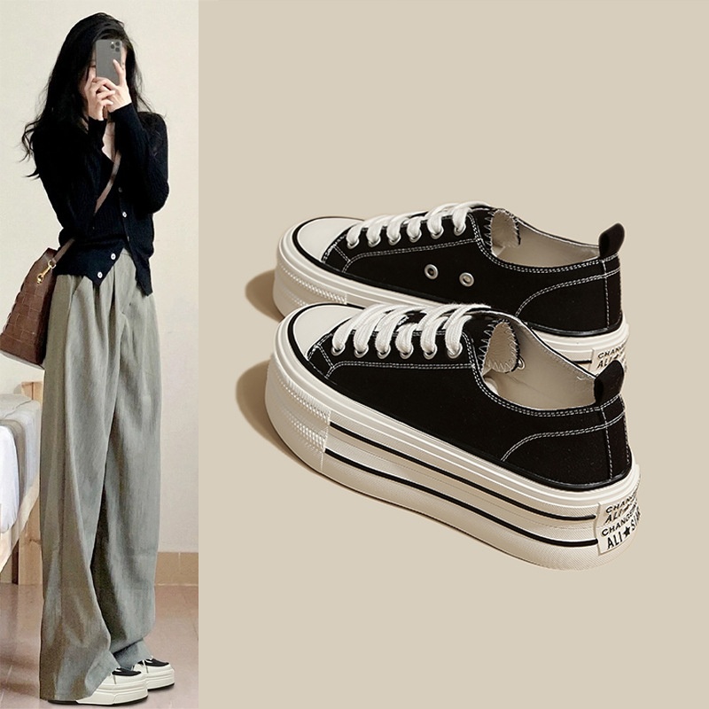 Guyun Thick-soled Canvas Shoes For Women Korean Version Of Casual Shoes Heightened Round-toed Lace-up Low-top Sneakers White Shoes