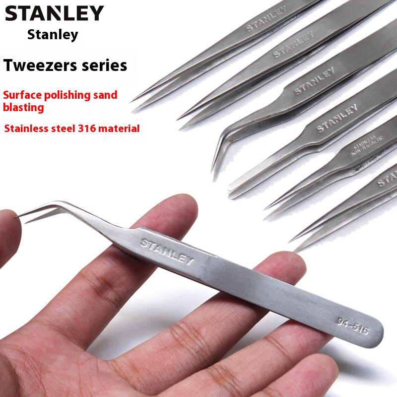 Stanley Tweezers Sharp Curved Wide Black Head316 Stainless Steel Tweezers Clip Long Handle Anti-static Small Pointed Mouth Tool Maintenance