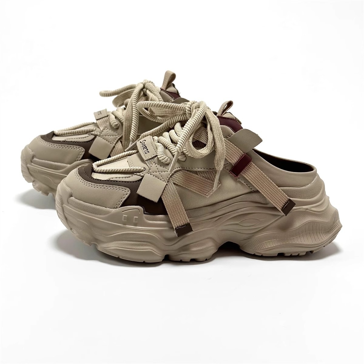 European Station Lightweight Height-enhancing Closed-toe Half-slippers For Women Summer Outdoor Casual Thick-soled Genuine Leather Versatile Sports Dad Shoes