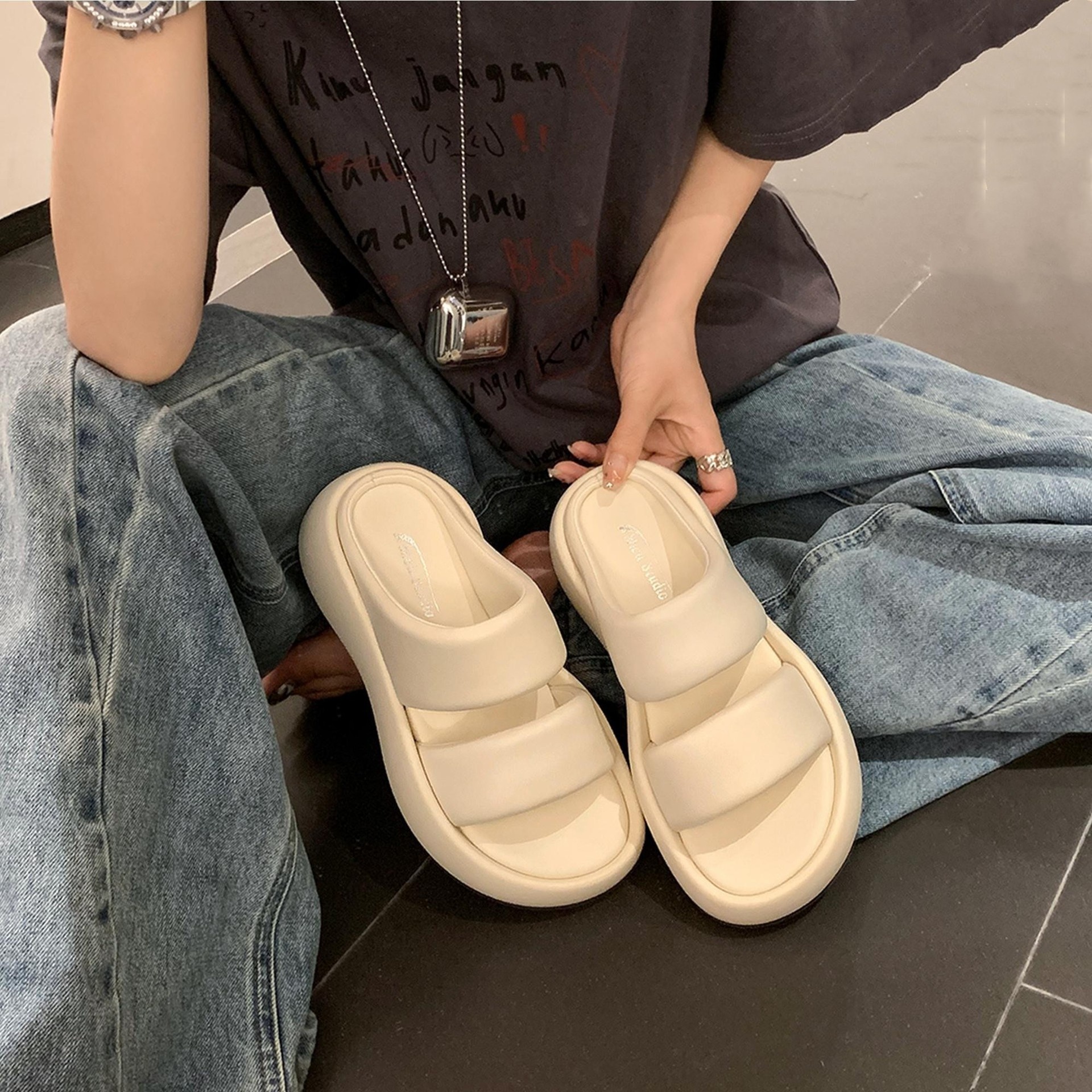 Gu Yun丨Thick-soled Double-strap Heightened Open-toe Sandals For Women Summer Versatile Bread Beach Flat Slippers