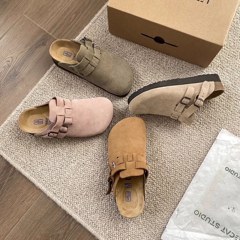 Gu Yun丨Genuine Leather Thick-soled Two-wear Birkenstock Half-slippers For Women Autumn Style Slip-on Closed-toe Slippers Birkenstock