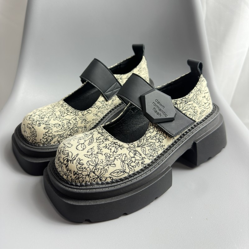 National Style Thick-soled Loafers For Women Spring Embroidery Print Velcro Shallow Mouth College Style Small Leather Shoes
