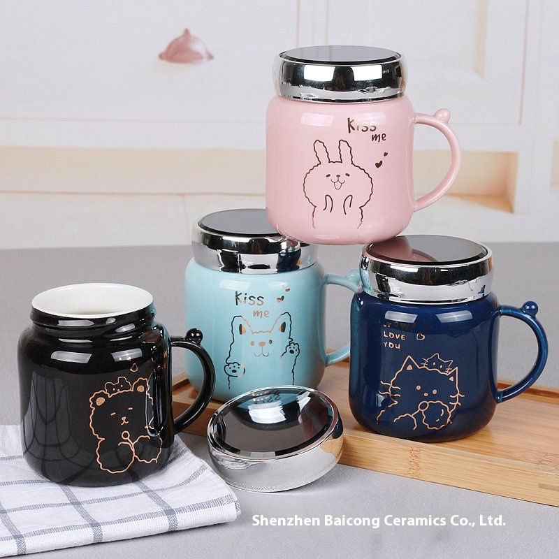 Ceramic Cup With Lid And Spoon Mirror Thermos Cup Cute Cartoon Mug Creative Couple Office Cup Gift Customization