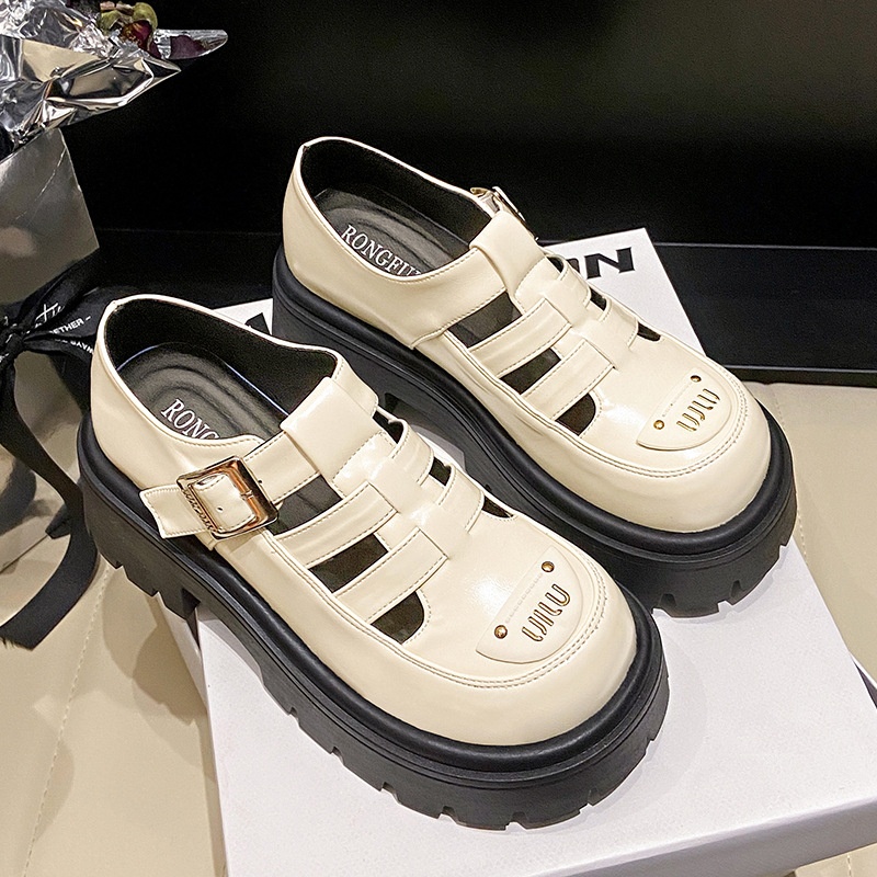 Baotou Woven Roman Sandals For Women Thick-soled Chunky Heels High Heels Hollow British College Style Spring And Summer Small Leather Shoes