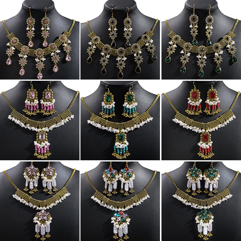 Bohemian Crystal Jewelry Set European And American Ethnic Style Diamond Tassel Necklace Earring Set