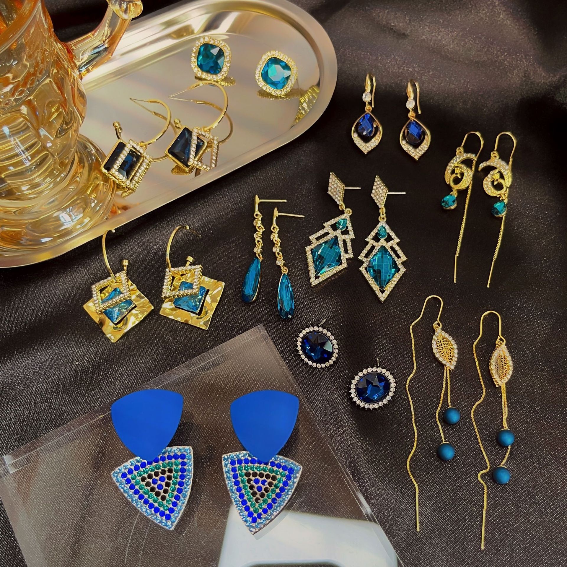 Silver Needle Long European And American Palace Style Klein Blue Earrings Geometric Water Drop Diamond Tassel Love Zircon Earrings For Women