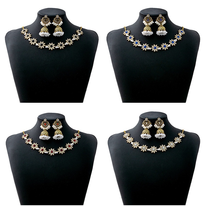 European And American Retro Palace Style Diamond Flower Jewelry Set Luxury Pearl Earrings Bohemian Style Necklace For Women