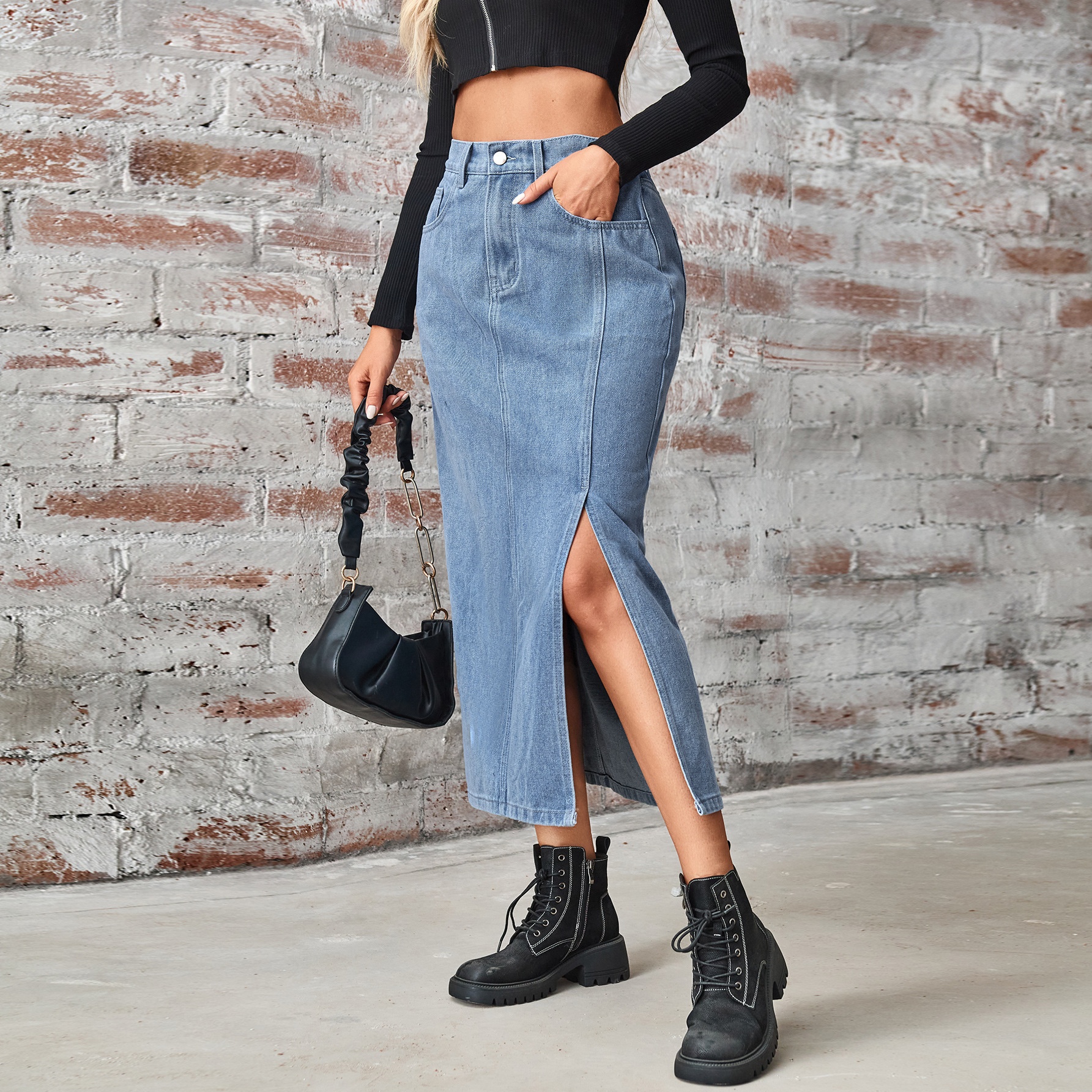 Indie Wash Denim Skirt,Elastic Waist Mid-Length Skirt With Side Slit