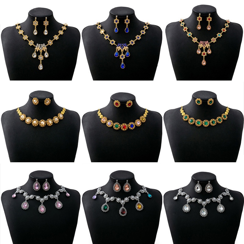 European And American Luxury Atmospheric Water Drop Jewelry Set Geometric Round Pearl Earrings Elegant Flower Necklace For Women