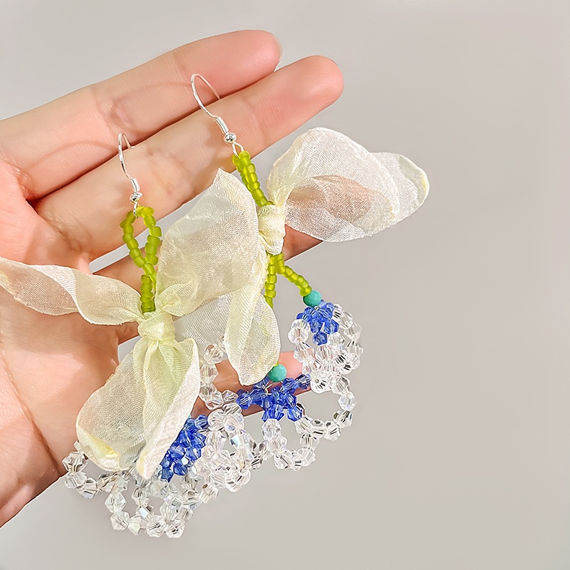Summer Fresh Fabric Leaf Ear Hooks Sweet Fragrance Style Earrings Crystal Tassel Lily Of The Valley Earrings