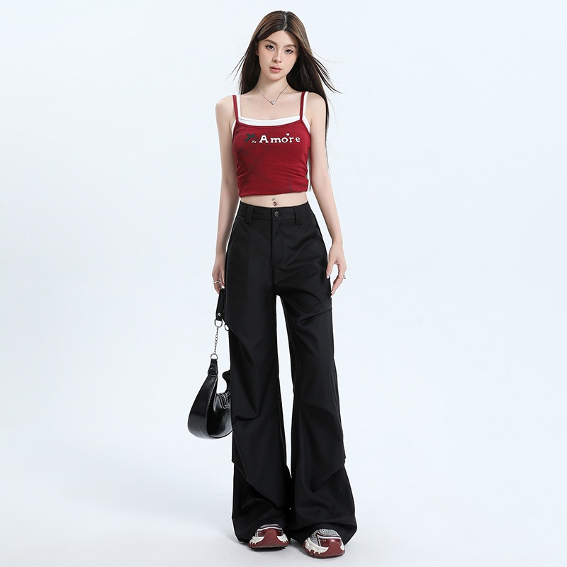 Vintage Black Wide-Leg Trousers,High-Waisted Straight-Leg Workwear Casual Pants,Floor-Length