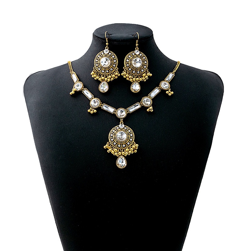 European And American Retro Ethnic Style Water Drop Pendant Jewelry Set Dinner Luxury Geometric Round Earrings Square Necklace