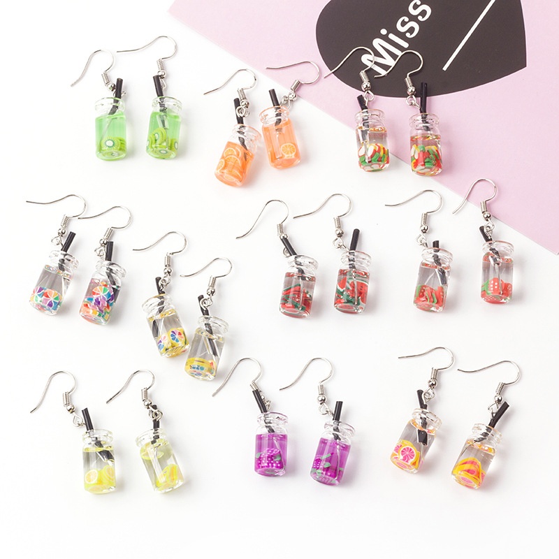 Japanese And Korean Simulation Fun Fruit Cup Beverage Bottle Earrings Cute Harajuku Style Small Fresh Summer Earrings Earrings