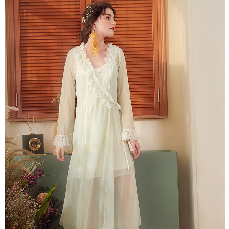 Spring And Autumn Long-sleeved Ruffled Retro Fairy Sexy Light Nightgown Lace-up Thin Long Mesh Outer Cape