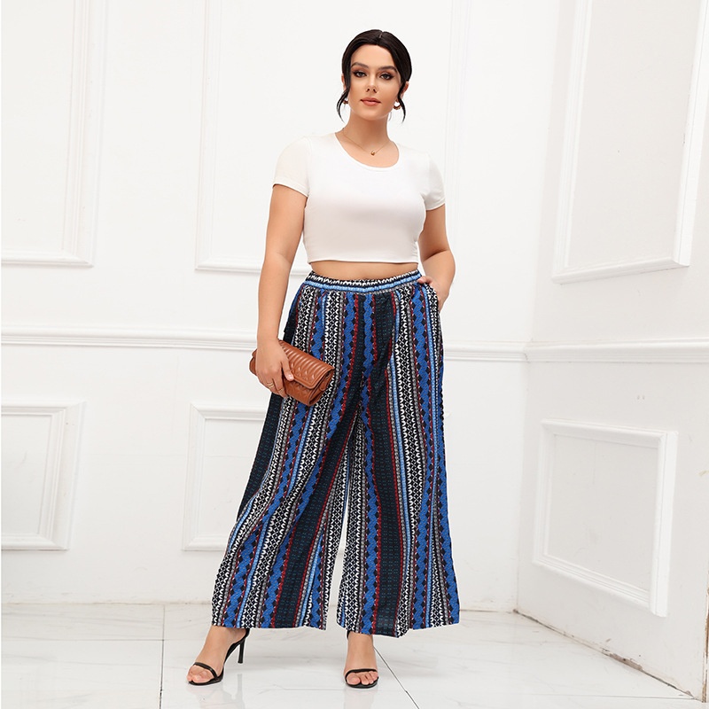 Large Size Wide Leg Pants Bohemian Striped Blue Elastic Waist Trousers Seaside Holiday Beach Pants