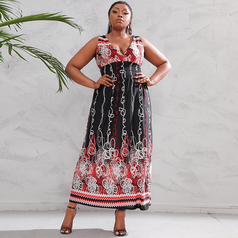 India,Southeast Large Size Dress Elastic Waist Graffiti Ice Silk Holiday Beach Dress Long