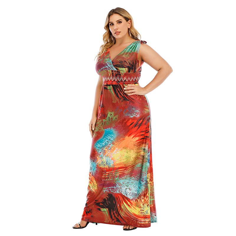 American Large Size Dress V-neck Elastic Waist High Elastic Knitted Ice Silk Bobby Long Skirt Graffiti200 Pounds