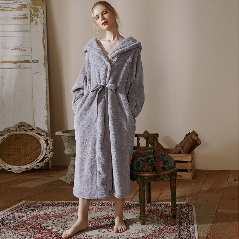 Double-sided Thick Velvet Hooded Pocket Straps Warm Ladies Nightgown Can Be Worn As AHome Clothes