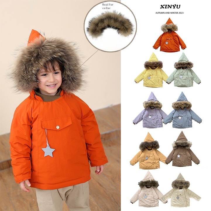 Children's Winter Plus Velvet Mat Cotton Coat Baby Girl White Duck Down Jacket Boy Cute Elf Hat Cotton Coat