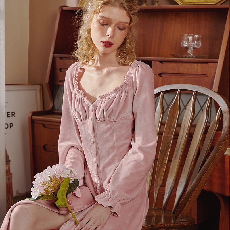 CMOriginal Thickened Double-sided Fine Mink Velvet Slim Button Nightdress Cardigan Peach Collar Waist Retro Home Clothes Pajamas