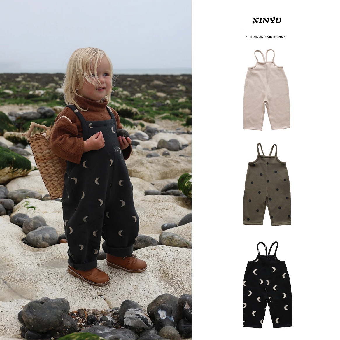 European And American Children's Autumn And Winter A-type Long Overalls Pants Winter Boys And Girls Baby Cute Plus Velvet Suspenders Trousers