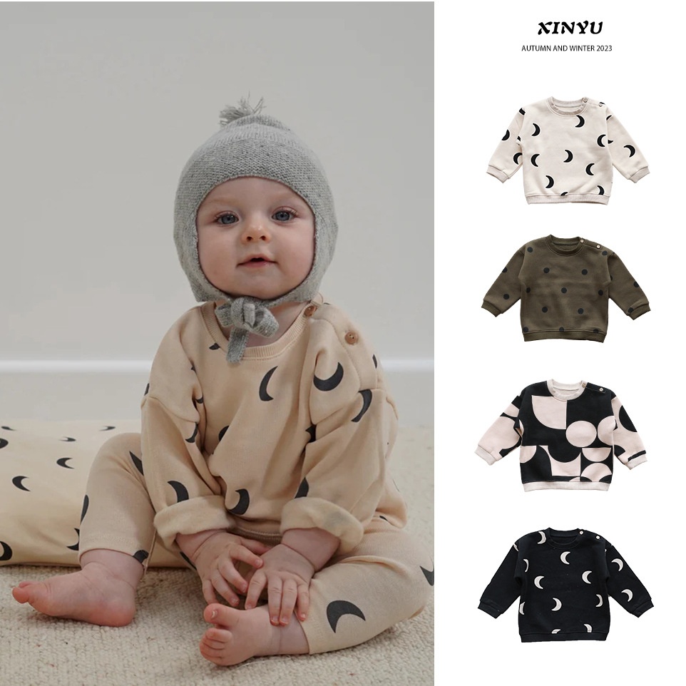 Autumn And Winter Children's A-type Plus Velvet Sweater Nordic Style Baby Round Neck Pullover Boys And Girls Baby Cartoon Tops