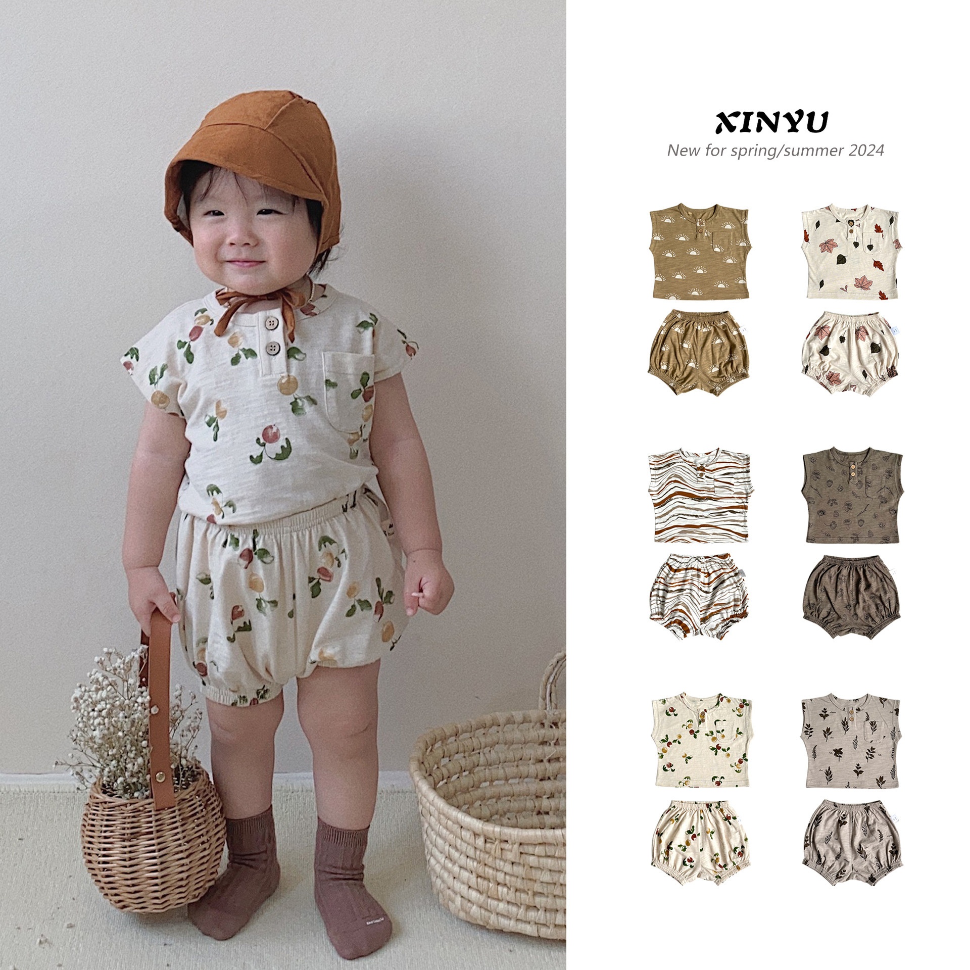 Children's Summer Pure Cotton A-type Bamboo Cotton Short-sleeved Suit Pants Boys And Girls Baby Two-piece Suit