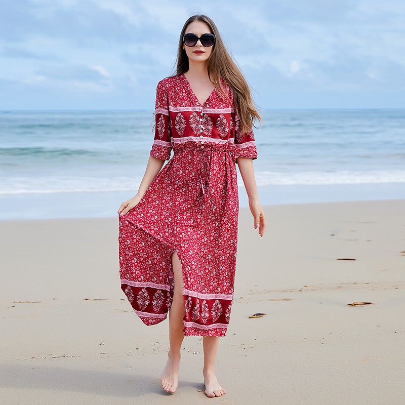 Bohemian Style V-neck Seaside Holiday Long Skirt Women's Large Size Floral Button-down Dress Hem Slit Long Skirt