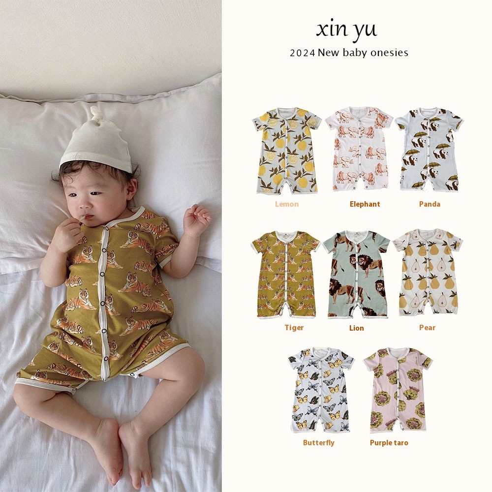 Summer Baby Modal Open Crotch Jumpsuitborn Baby Crawling Clothes Short-sleeved Romper