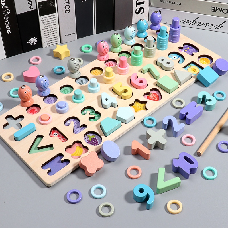 Macaron Number Shape Four-in-one Logarithmic Board Fishing Toy Kindergarten Math Wooden Puzzle