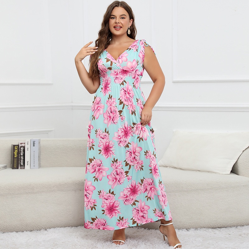 Foreign Trade European And American Plus Size Women's Dress Suspenders Printed Fat Mm Plus Fat Summer Ice Silk Long Skirt