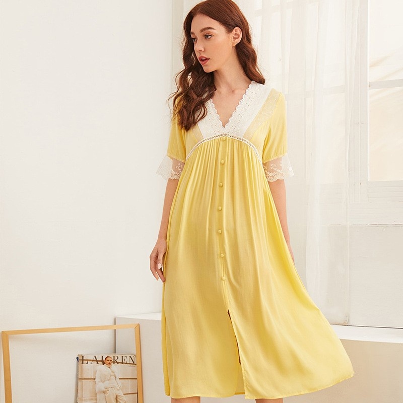 Summer Palace Sexy Lace V-neck Long Sleeve Loose Solid Color Cotton Silk Nightdress Female Long Girlfriend Home Clothes Pajamas