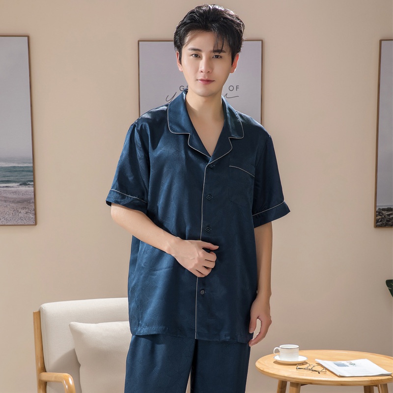 Pajamas Men Cardigan Short Sleeve Trousers Set Spring And Summer Pure Color Comfortable Mulberry Silk Men's Home Clothes