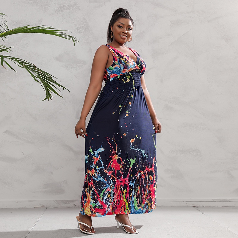 Best-selling European And American Plus-size Dress In India And Southeast Asia,Backless Deep V-neck Retro Paisley Plus-size Long Dress Summer