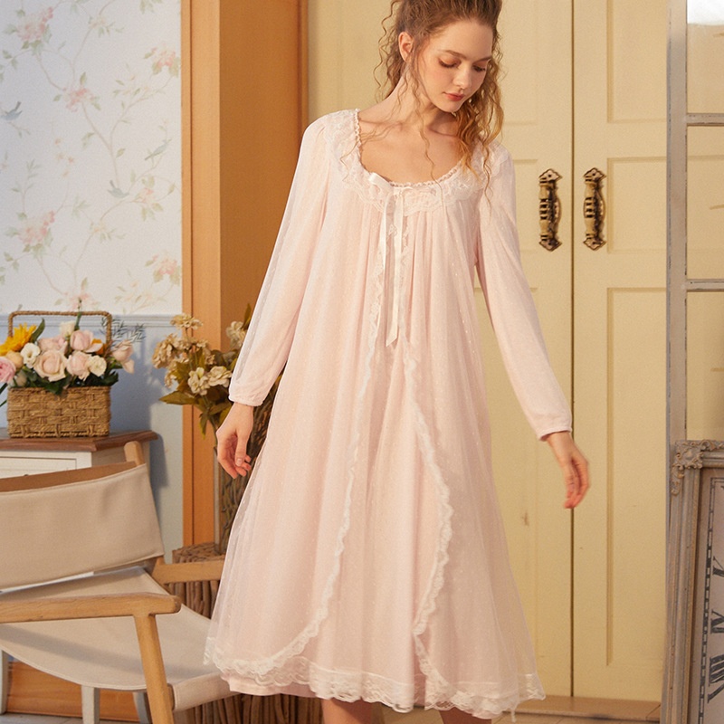Spring And Autumn Retro Large Square Collar Sweet Pajamas Long Sleeves Long Loose Solid Color Home Clothes Women Cute Elegant Long Skirt