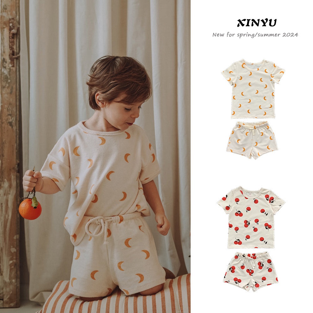 Children's Summer Nordic Style A-type Pure Cotton Shorts Suit Boys And Girls Baby Moon T-shirt Short Sleeves