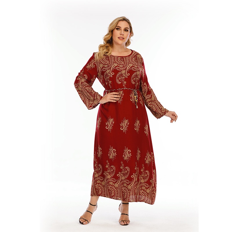 Middle East Retro Long-sleeved Large Size Dress Ethnic Style Long Dress Fat Girl200 Pounds Can Wear