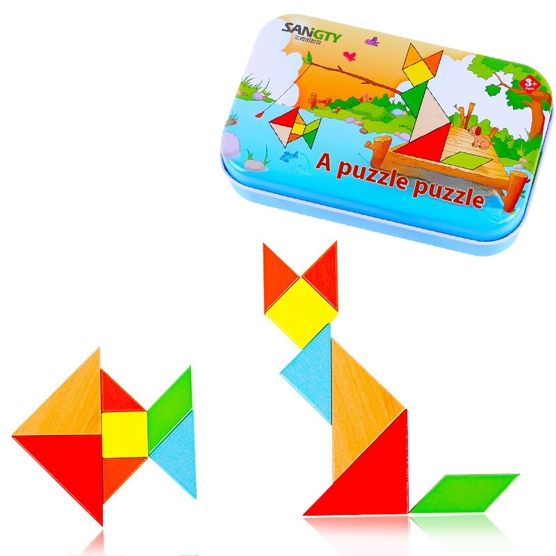 Wooden Beech Iron Box Tangram Intelligence Puzzle Toy Children's Educational Early Education Kindergarten Gift
