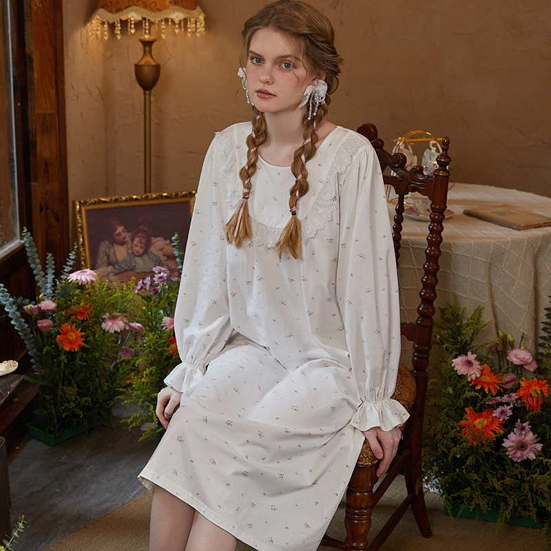 Palace Retro Style Printed Long Sleeve Loose Nightdress For Women Autumn Style Sweet Girl Princess Style Nightdress Pure Cotton Home Clothes