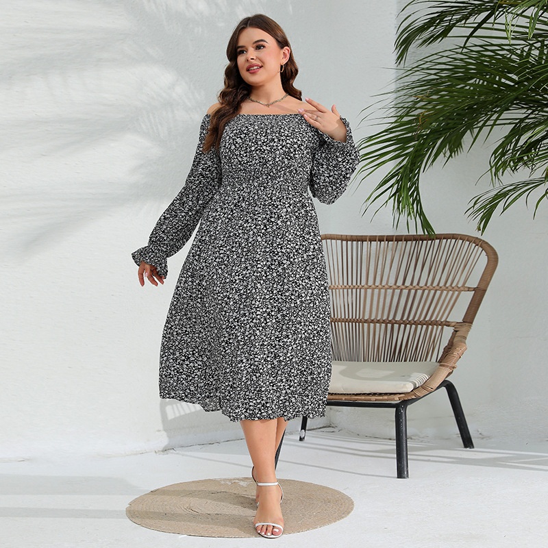 Spring Large Size Long Sleeve Dress Floral Elastic Waist Elegant Long Dress Dress Lotus Leaf Sleeve