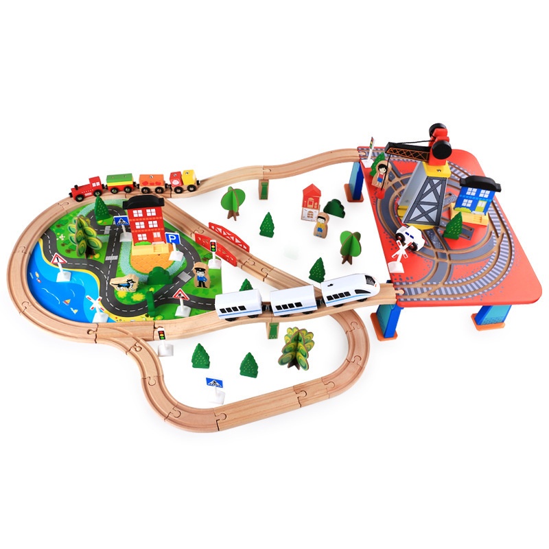 Children's Educational Wooden Track Train Toy Car88 Pieces Construction Site Electric Thomas Track Set