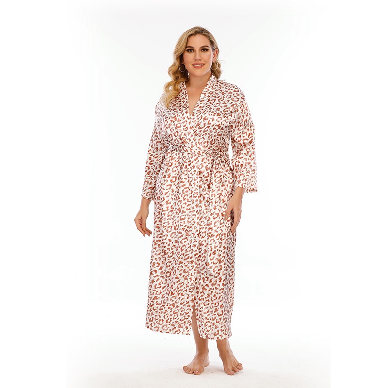 Imitation Silk Satin Large Size Japanese Nightgown Loose Home Clothes Long-sleeved Leopard Print Long Pajamas